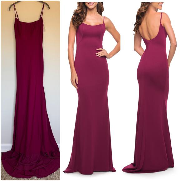 La Femme Simple Elegant Long Jersey Dress with Scoop Neck in Burgendy - Picture 1 of 8